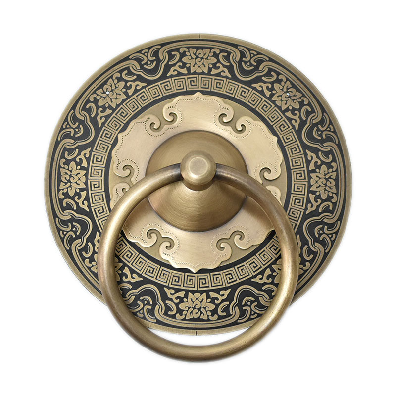 纯铜大门拉手中式古建门把手老式仿古圆拉环复古如意带花全铜门环