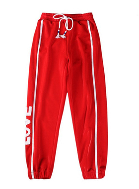 红色运动裤女宽松束脚