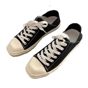 两穿方头帆布鞋女2021年夏季新款豹纹千袅格一脚蹬丑萌休闲鞋