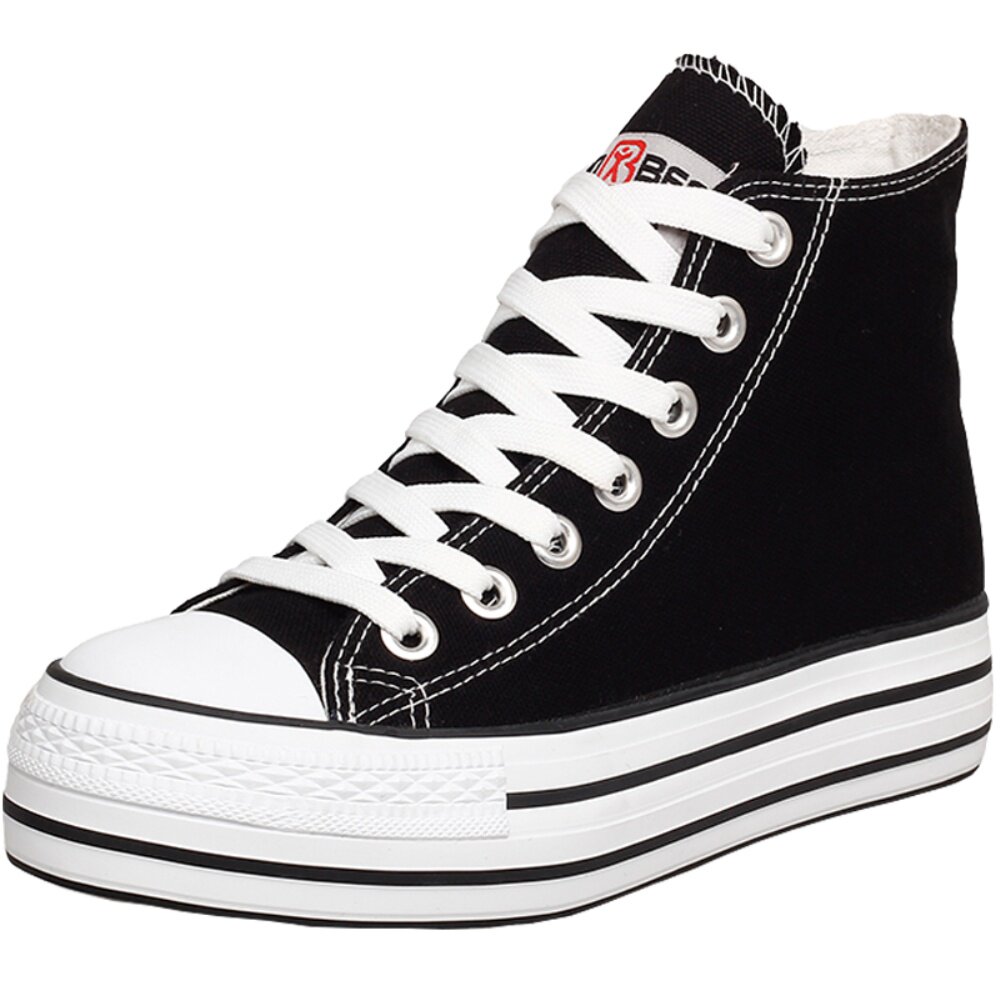 人本高帮厚底帆布鞋女加绒秋冬2021新款百搭内增高学生布鞋二棉鞋