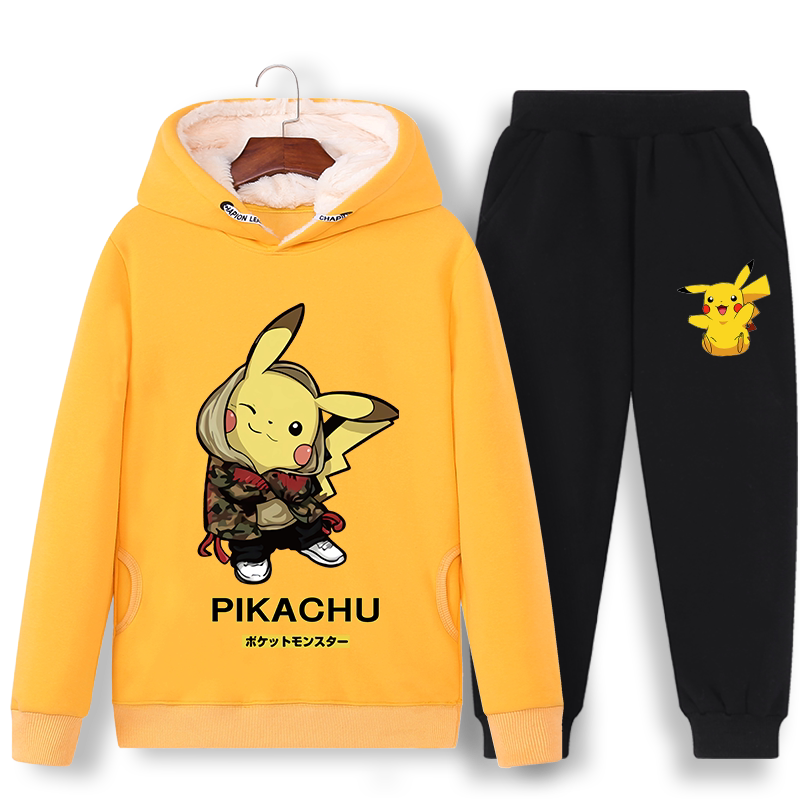 皮卡丘加绒加厚卫衣套装秋冬季男童女孩儿童装衣服2019新款运动潮