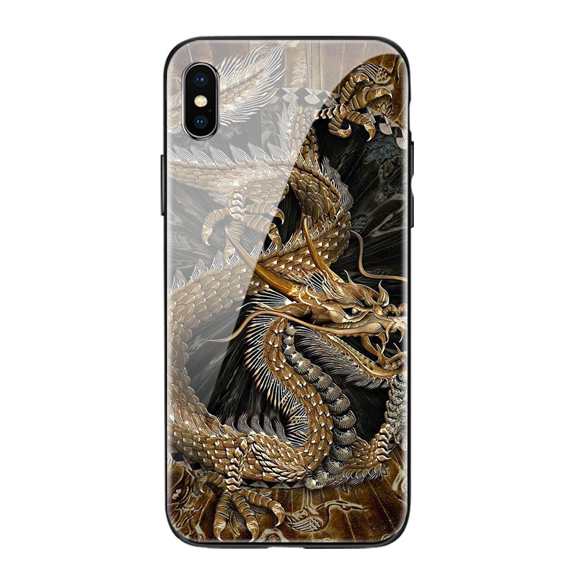 iphonex钢化玻璃手机壳黑色个性苹果x霸气金龙潮牌男款镜面玻璃保护套