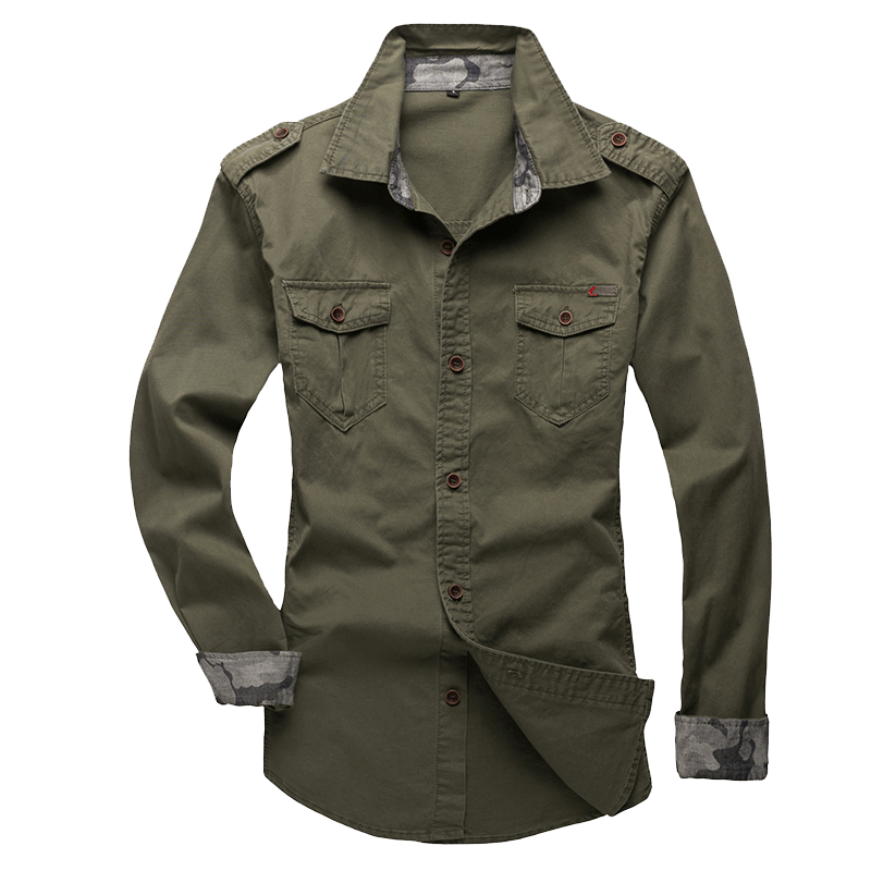 秋季军装长袖衬衫男休闲衬衣军旅风户外工装大码军绿色上衣男纯棉