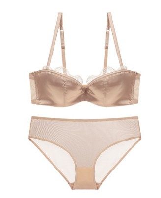 大胸薄杯蕾丝边缎面性感内衣 2/1半杯聚拢上托有钢圈文胸套装_不打折