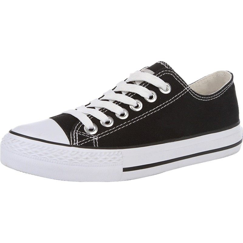 人本帆布鞋女低帮百搭经典小黑鞋学生平底休闲纯色黑色板鞋情侣鞋