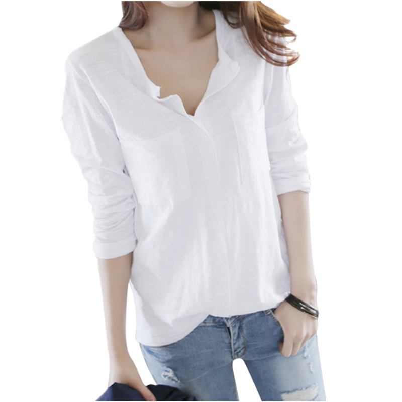 2019初秋装新款竹节棉长袖t恤女v领大码宽松白色韩版打底衫上衣潮