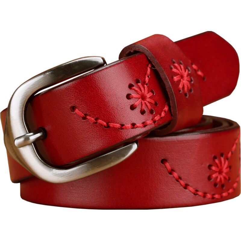 头层牛皮皮带真皮女士休闲针扣韩版红色腰带本命年裤带潮女时尚