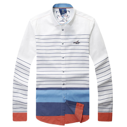 金鲨鱼春季男装条纹撞色修身男衬衫