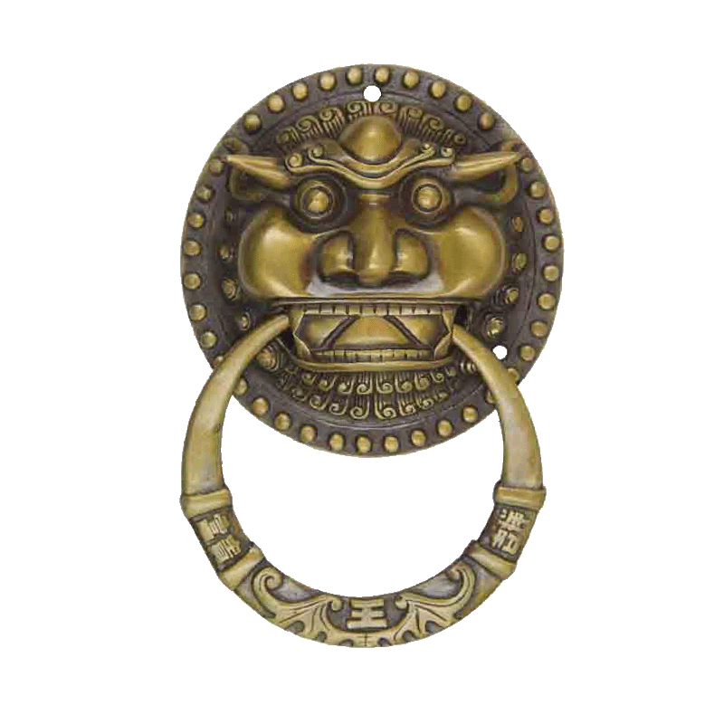 昊天斋仿古中式大门铜拉手俯首兽头门环古典黄铜把手木门纯铜拉环