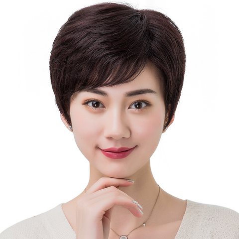 恒发真发假发女短发短直发斜刘海逼真自然中年妈妈全头套真人发丝