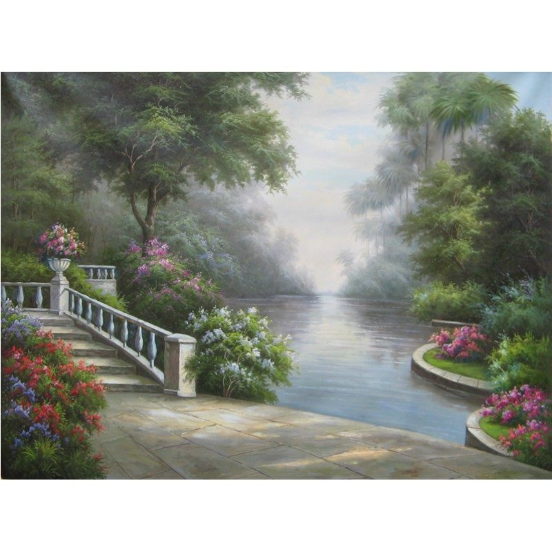 手工油画作品定制欧式山水风景玄关装饰画客厅过道走廊横版壁挂画