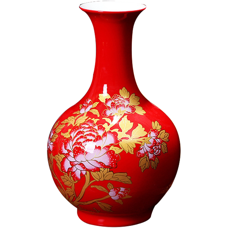 景德镇陶瓷花瓶摆件 客厅插花器瓷瓶 中国红装饰摆设家居结婚礼品