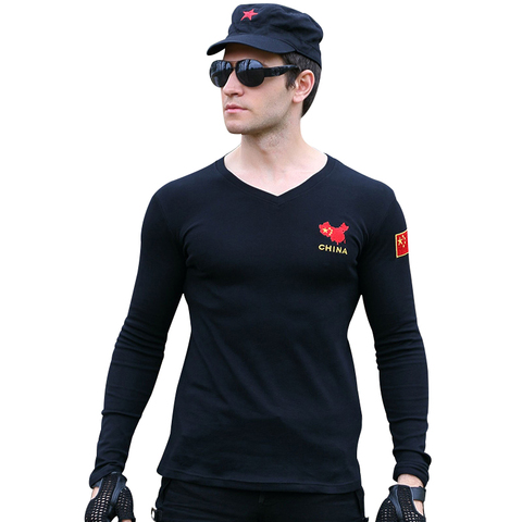 刺绣国旗特种兵长袖t恤男修身弹力军迷军装战术体能作训上衣春秋