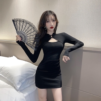 酒吧女装网红女主播直播服装上镜秋冬性感夜场旗袍镂空显瘦连衣裙