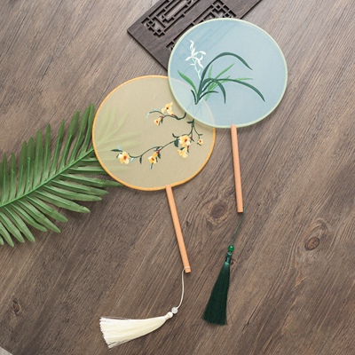 实拍003刺绣复古文艺团扇汉服配饰黄花兰花舞蹈扇