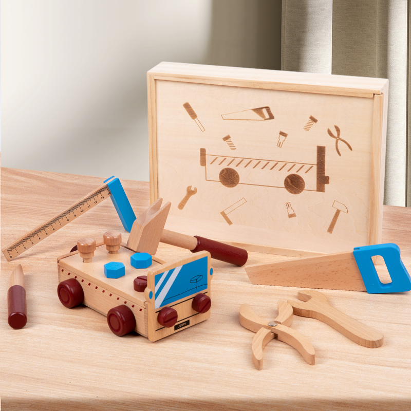 Piosoo榉木儿童工具箱实木拼装小车男孩宝宝木制益智动手积木玩具