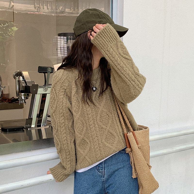 羊毛麻花套头毛衣女冬季外穿韩系宽松复古日系慵懒风粗毛线衣加厚