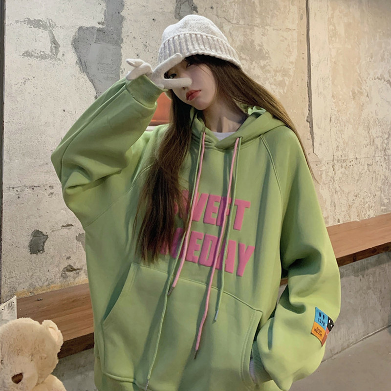 牛油果绿卫衣女秋冬加绒加厚韩版学生宽松字母印花连帽外套潮ins