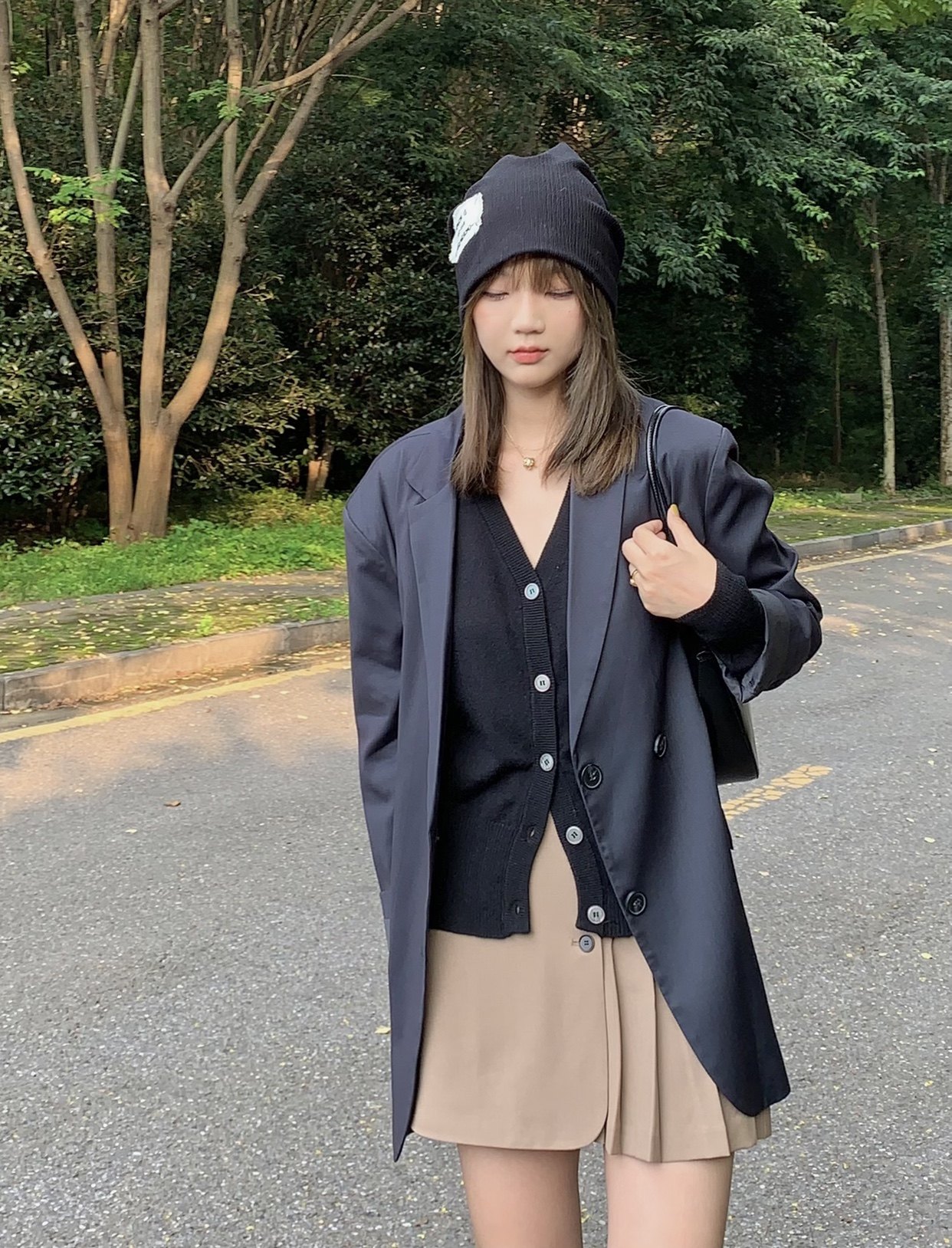 【暮色森林】askwind宽松深灰廓形翻领休闲显瘦宽肩西装上衣秋女