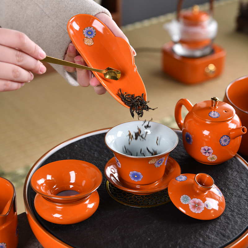 中国风橙色陶瓷茶壶小号泡茶壶带过滤功夫茶具会客家用瓷壶单茶壶