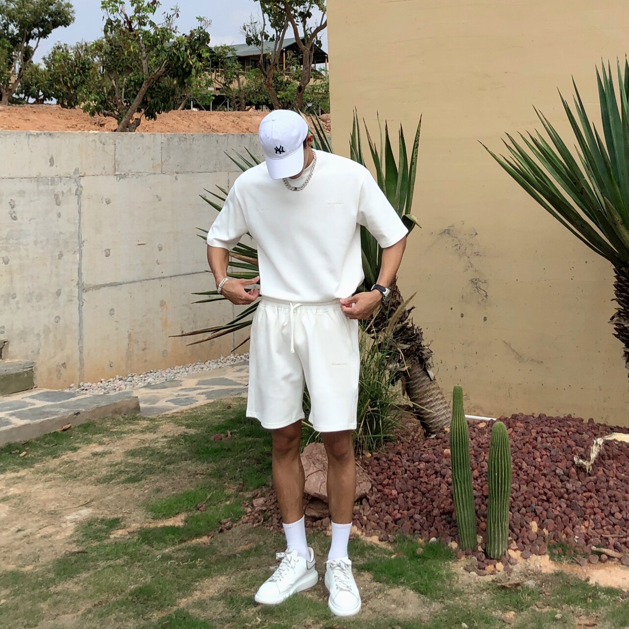 光膀子哥夏季新款 简约刺绣宽松纯棉运动休闲套装短袖t恤五分短裤