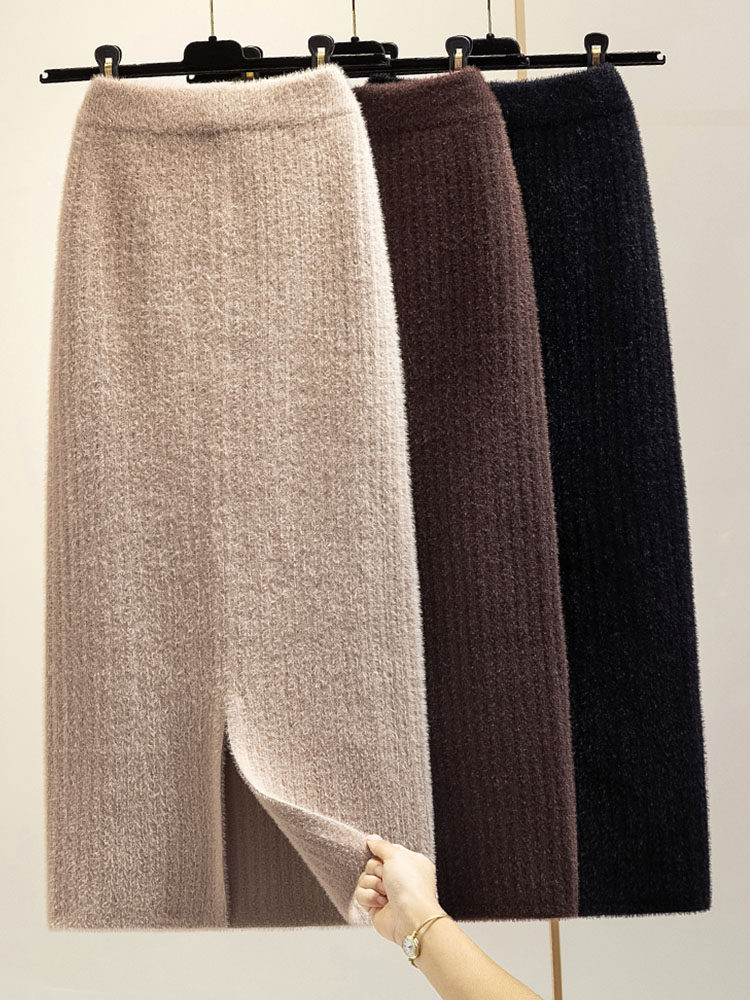 水貂绒半身裙秋冬新款加厚加长开叉一步裙修身中长款针织包臀长裙