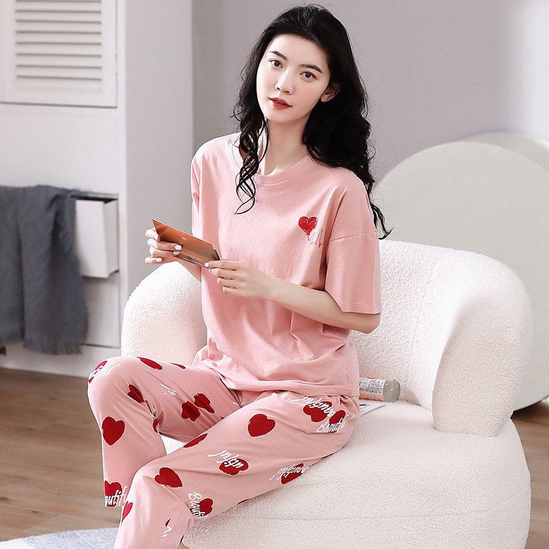 睡衣女夏季纯棉短袖长裤2022年新款全棉薄款休闲家居服套装可出门