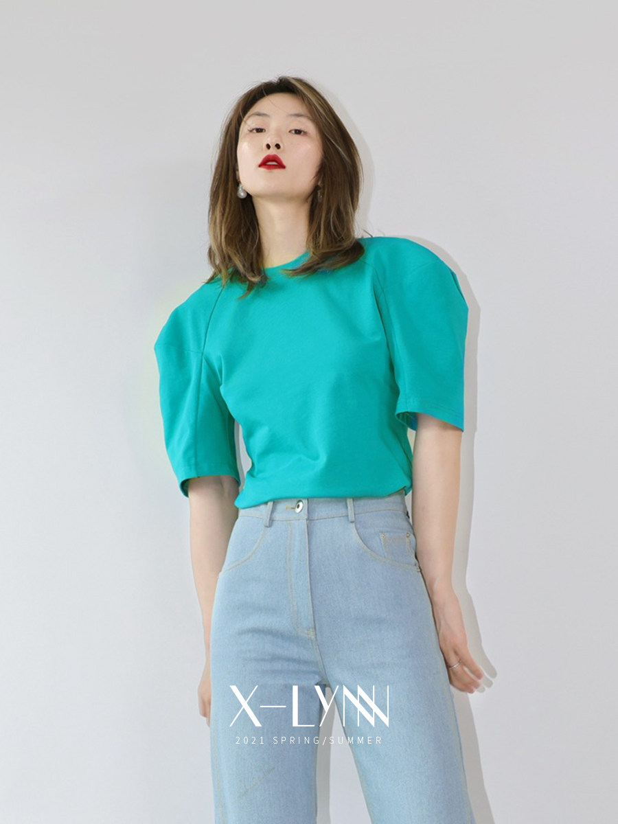 xlynn孔雀绿立体宽肩插袖修身圆领短袖t恤时髦百搭短袖上衣2021夏
