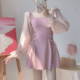 夏语微琪【粉色银河】少女长袖裙式遮肚显瘦保守小胸连体游泳衣