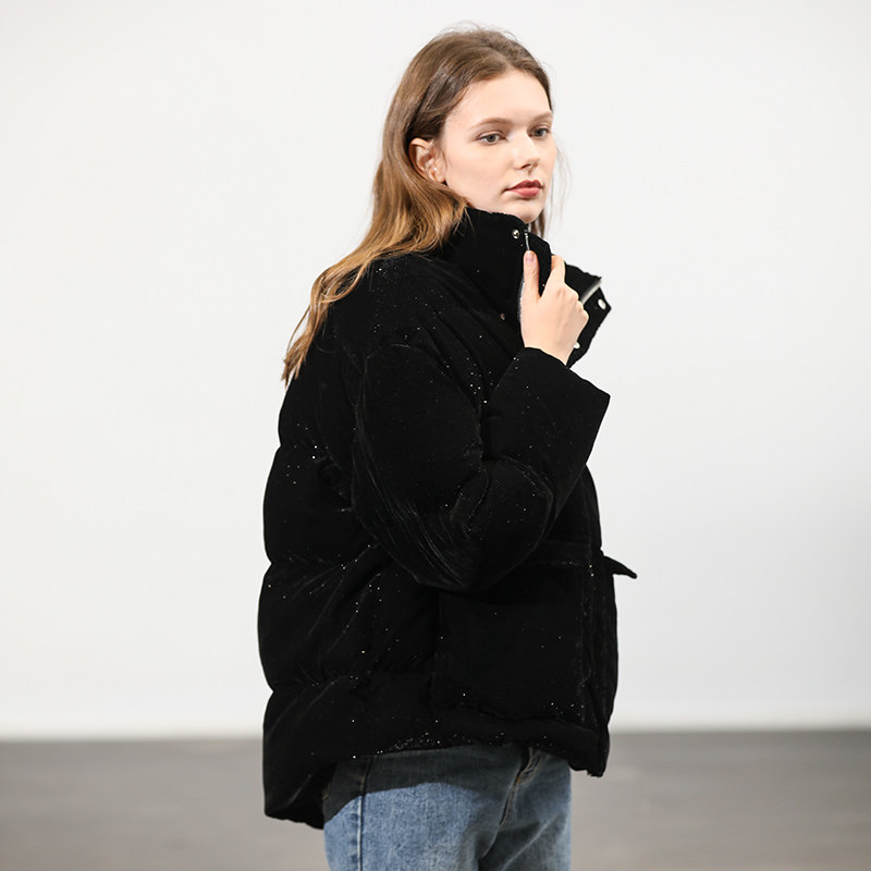 出口法国外贸原单2022冬季新款加厚金丝绒羽绒服女立领短款亮闪闪