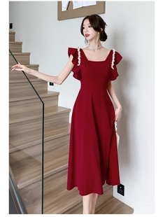 高端气质红色新娘礼服裙平时可穿法式小飞袖连衣裙小个子晚礼服