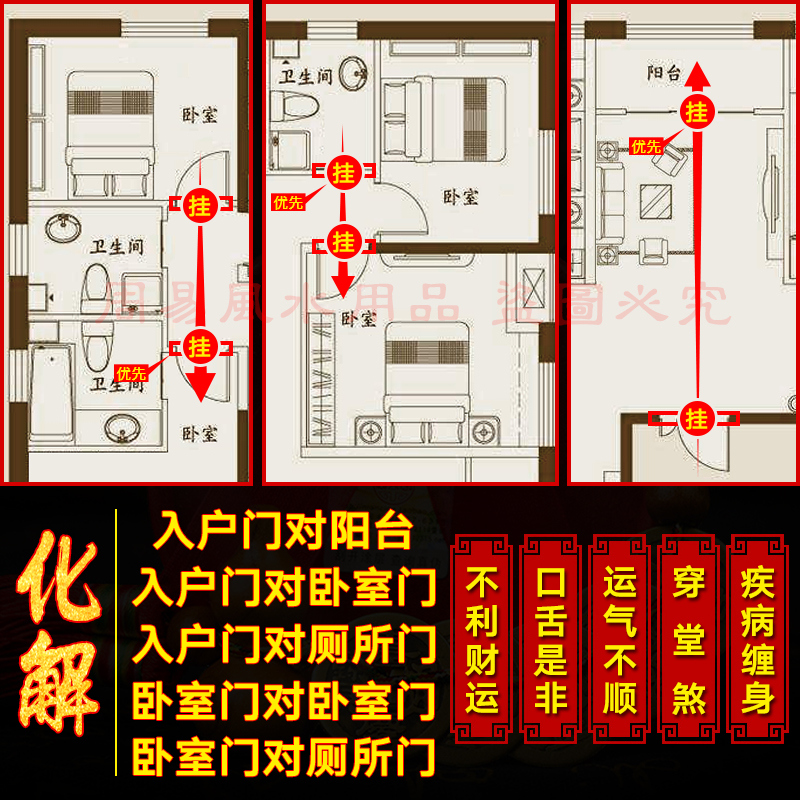 化解大门门对门卧室风水厕所五帝钱门对着门冲化煞入户挂件门房