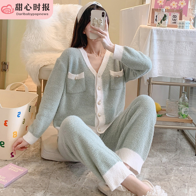 珊瑚绒睡衣女春秋冬季甜美可爱毛衣绒加厚保暖家居服两件套装绿色