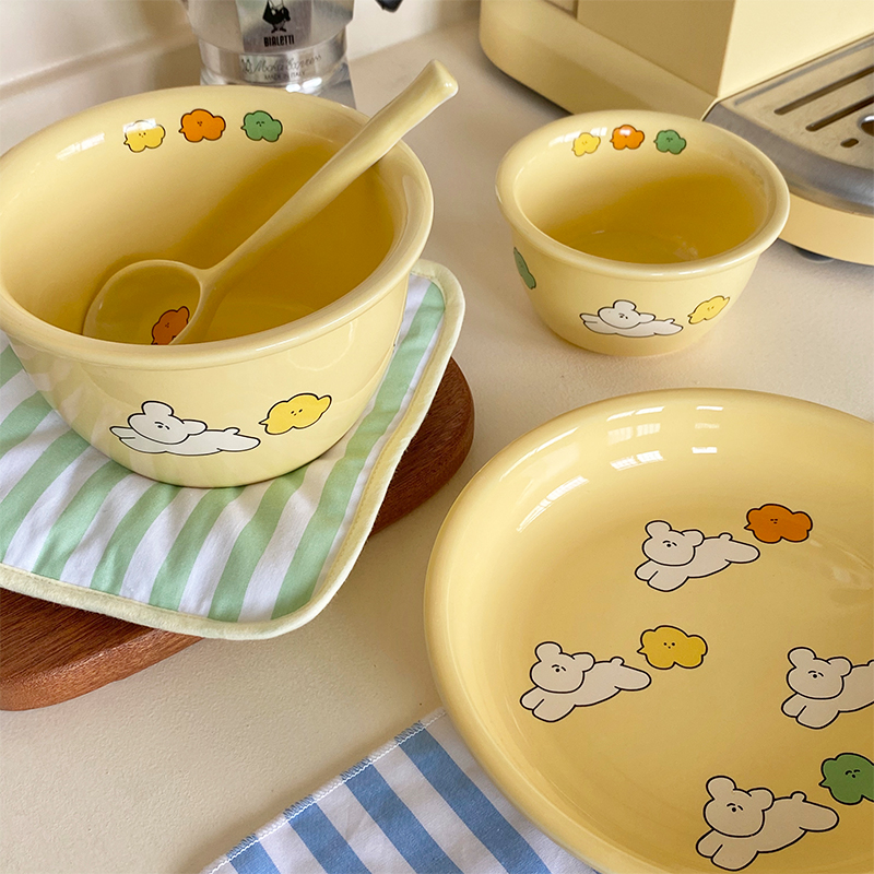 彩虹小狗奶油色可爱陶瓷泡面碗餐盘早餐碗套装家用碗盘原创有版权