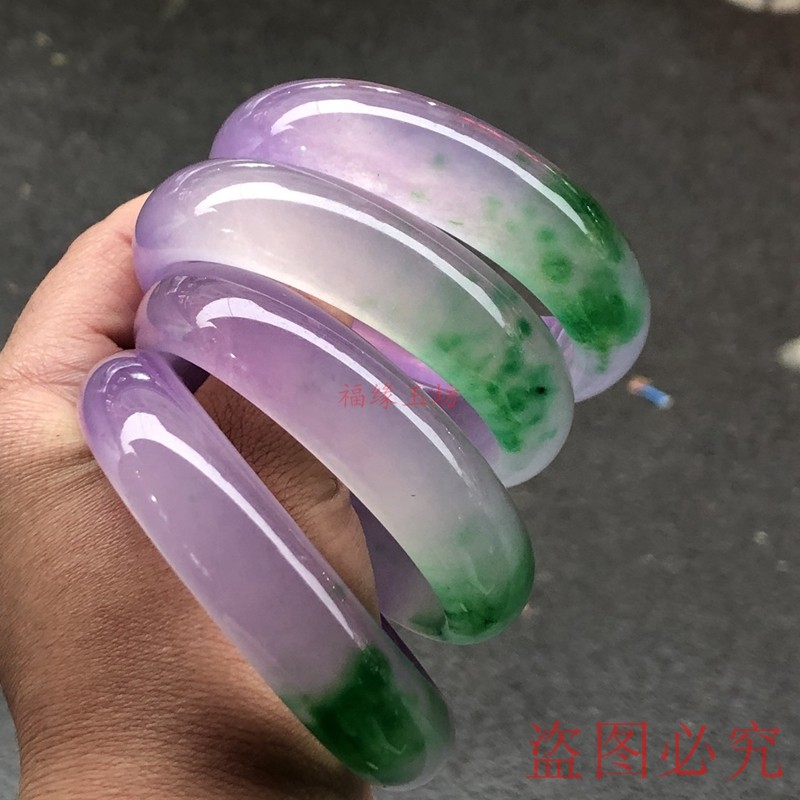 天然缅甸翡翠手镯飘绿花冰种紫罗兰春彩正圈玉手镯阳绿宽版民族风