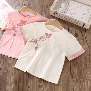 女童国风t恤短袖纯棉夏季薄款洋气时尚丅恤小女孩新中式粉色上衣