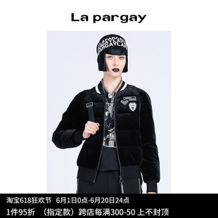 Lapargay纳帕佳2023秋冬新款女装黑色上衣外套短款棒球丝绒羽绒服