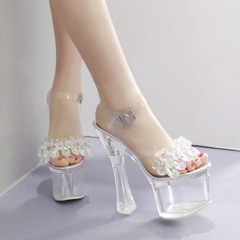 超高跟鞋18cm夜店性感防水台粗跟凉鞋恨天高厚底透明水晶带钻女鞋