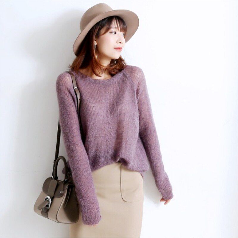 马海毛毛衣女薄款新款软糯镂空慵懒风复古时髦短款宽松套头针织衫