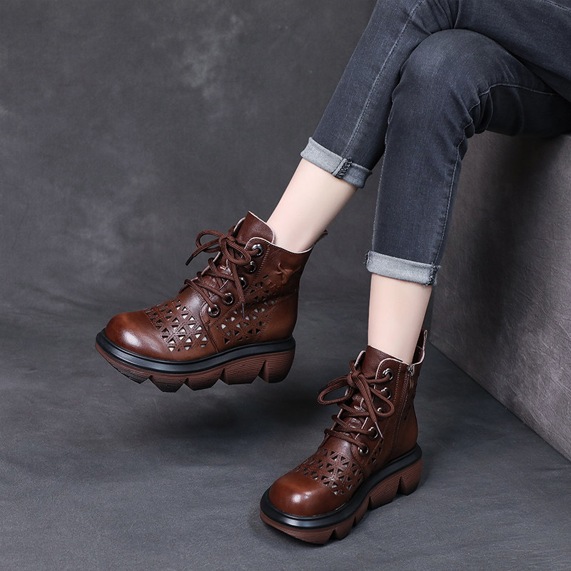 马丁靴女真皮夏季薄款百搭短靴夏天镂空网靴厚底软底系带洞洞凉鞋