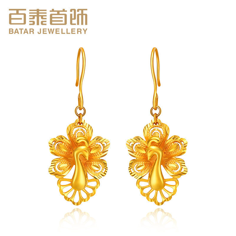 百泰首饰足金999黄金耳饰女款结婚金饰珠宝锦雀仙姿孔雀金耳环