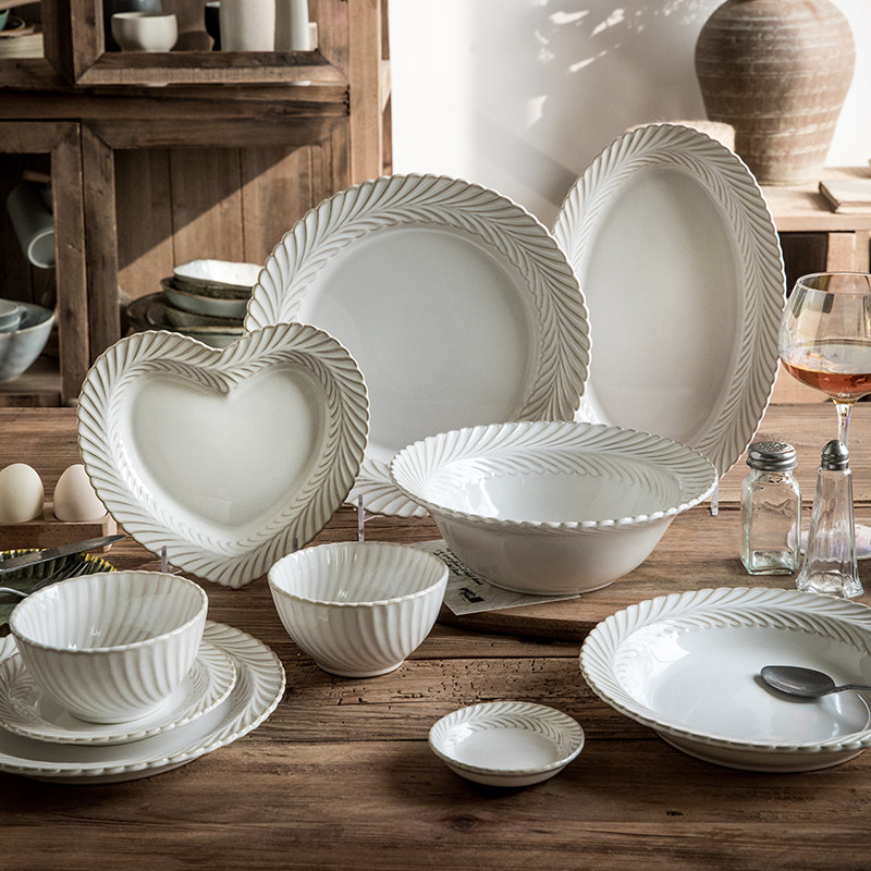 悠瓷 漂亮的美式浮雕陶瓷餐具家用单个饭碗菜碗盘子新年碗盘配套