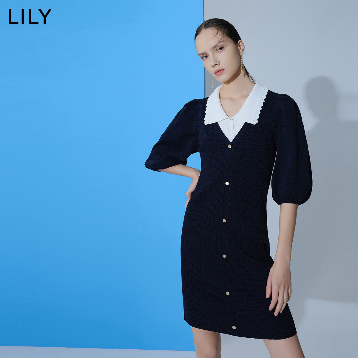 lily2021新款女装拼接假两件针织泡泡袖连衣裙仙女连衣裙薄款