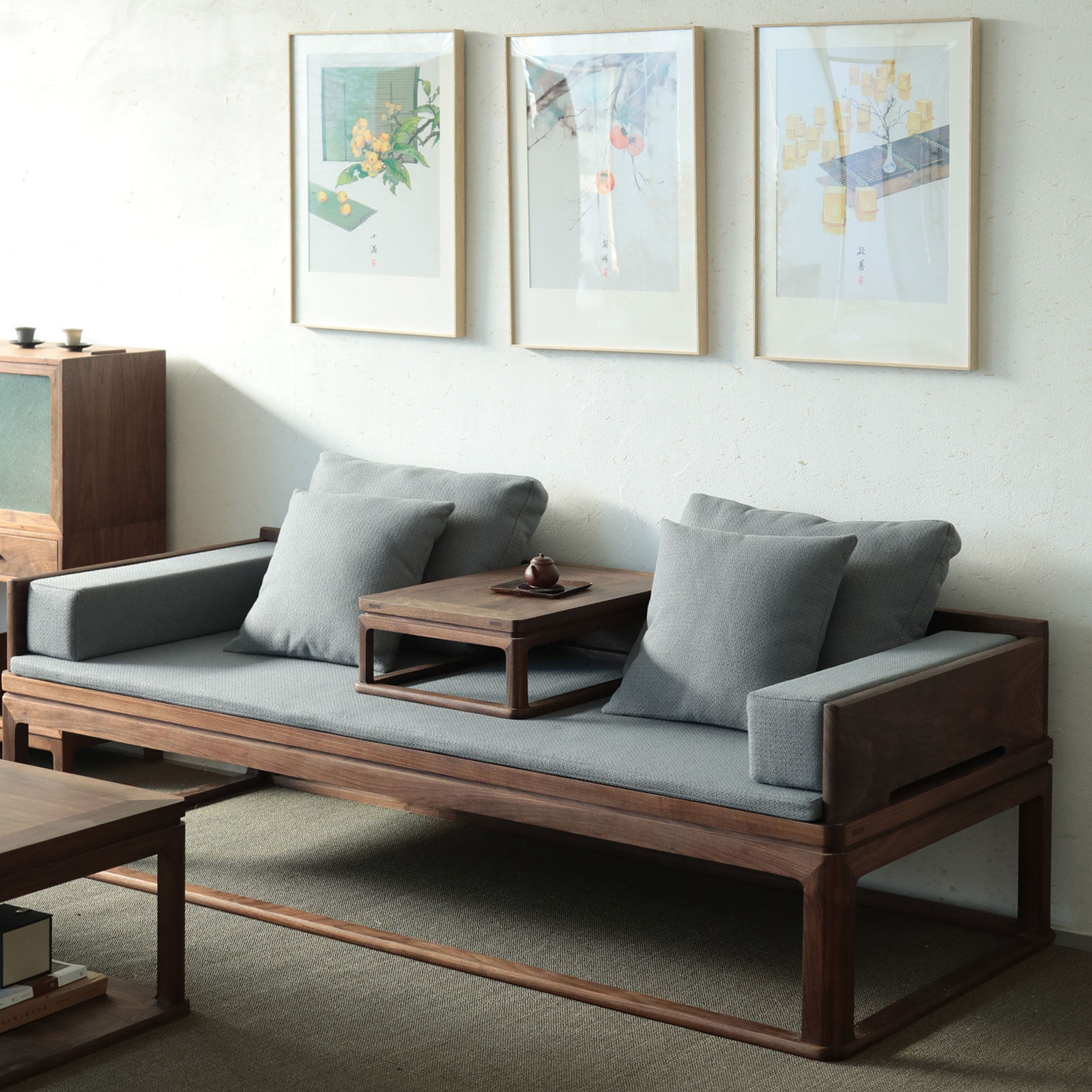 璞木/山丘榻 新中式现代简约家具黑胡桃实木客厅双人沙发罗汉床