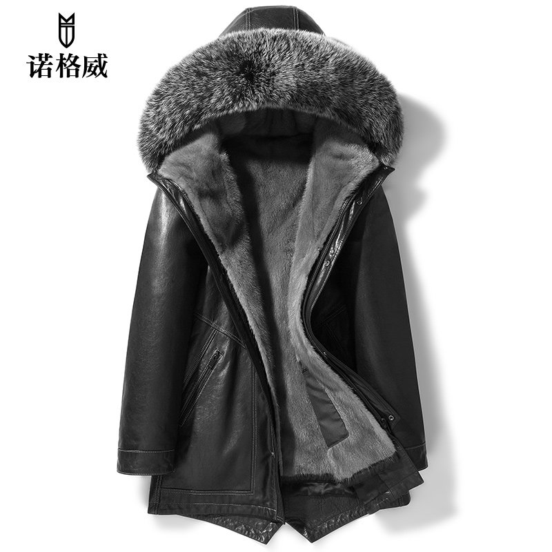 真皮皮衣男银狐毛领水貂内胆皮毛一体皮草大衣海宁连帽皮派克服男