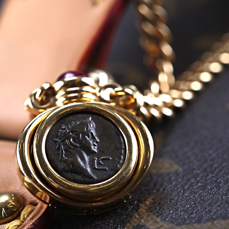 【9新】宝格丽古董18k黄金古币红宝石项链