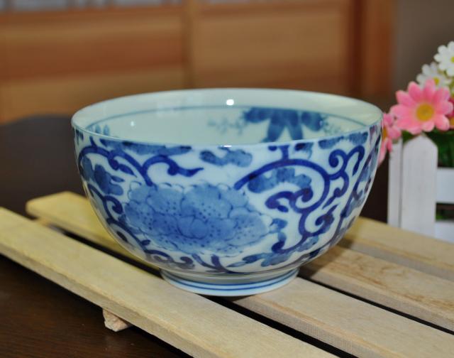 日式餐具 日本进口釉下彩陶瓷餐具古伊烧蓝染唐草多用碗(小)