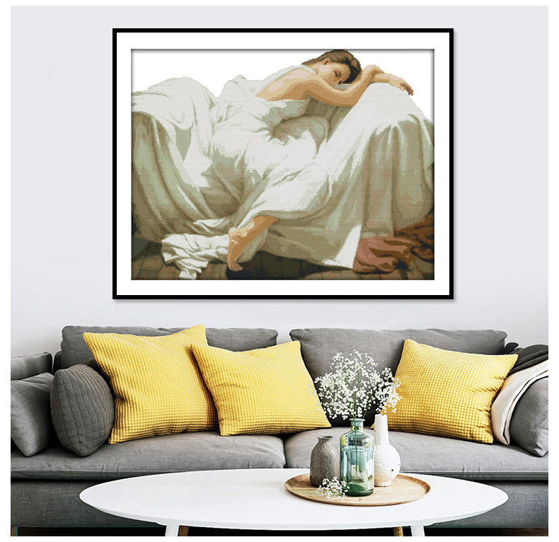 绣好的纯手工自己手绣十字绣成品睡美人美女睡觉新款卧室小幅挂画