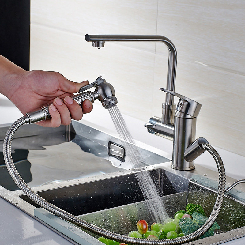 网红抽拉式冷热水龙头厨房洗菜盆全铜伸缩多功能可旋转洗碗池水槽