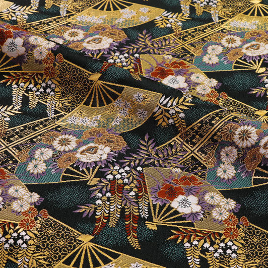 金襕坊 日本进口和风布料 西阵织 金襕织锦缎 黑色地藤花扇子纹